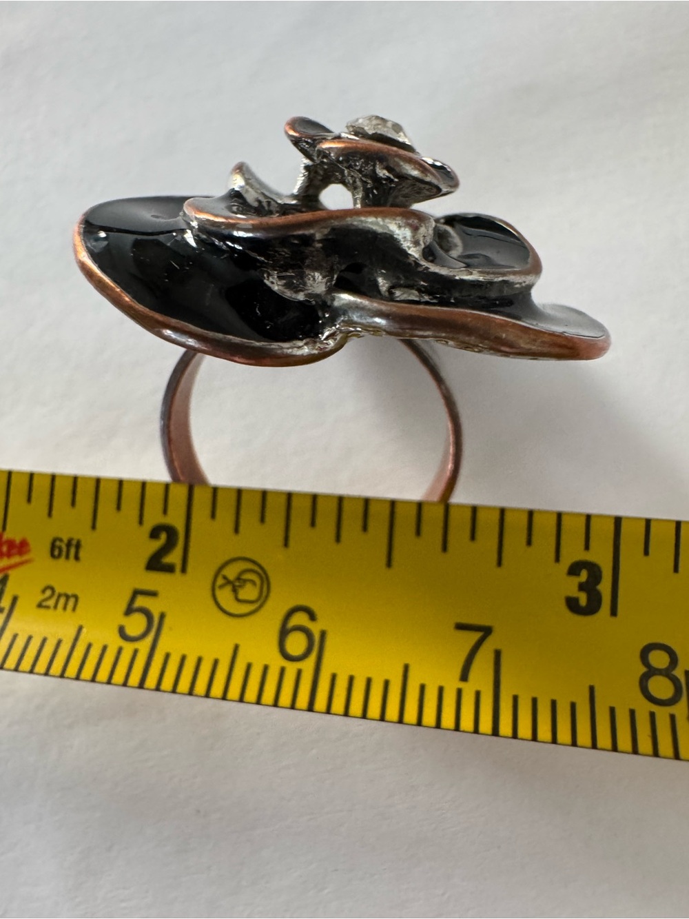 Vintage Style Black Enamel Flower Ring Rhinestone Center - Picture 6 of 6